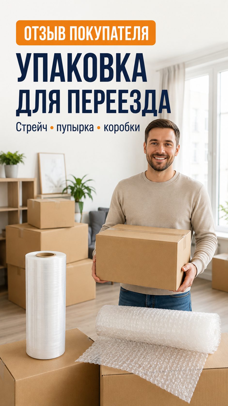Отзыв покупателя об упаковке для переезда: стрейч, пупырчатая плёнка и коробки
